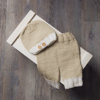 Beige and Cream Knit Newborn Button Hat and Pants Set - Beautiful Photo Props