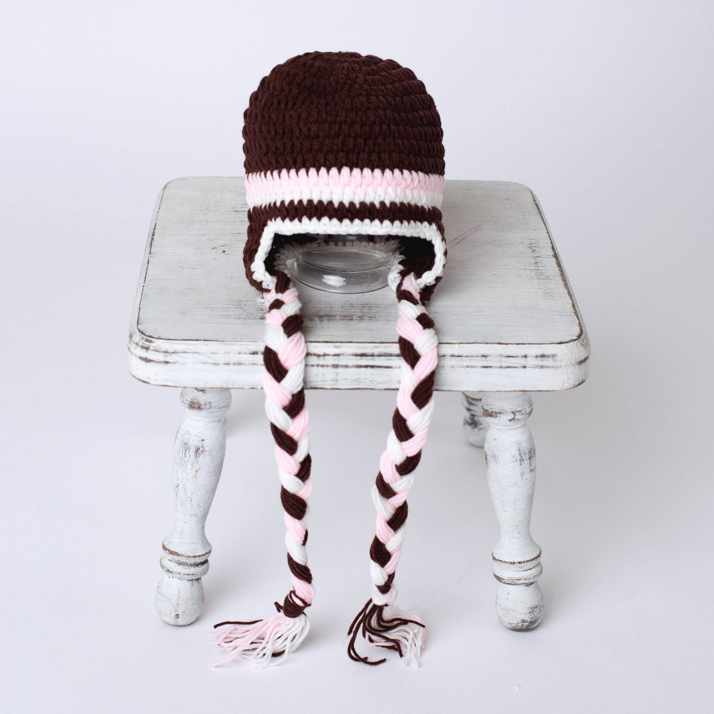 Winter Brown and Pink Newborn Tassels Hat - Beautiful Photo Props