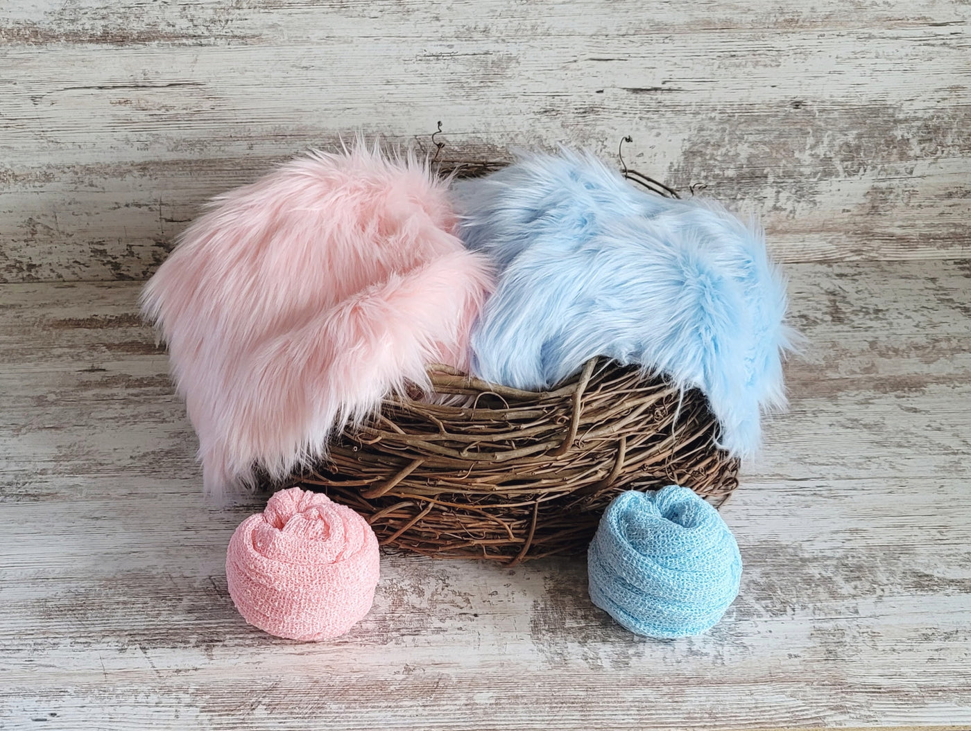 SET Wood Nest, Soft Pink and Baby Blue Furs, Baby Wraps - Beautiful Photo Props