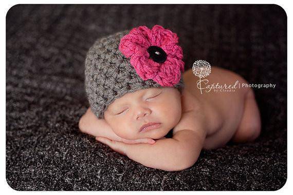 Grey Newborn Pink Flower Hat - Beautiful Photo Props