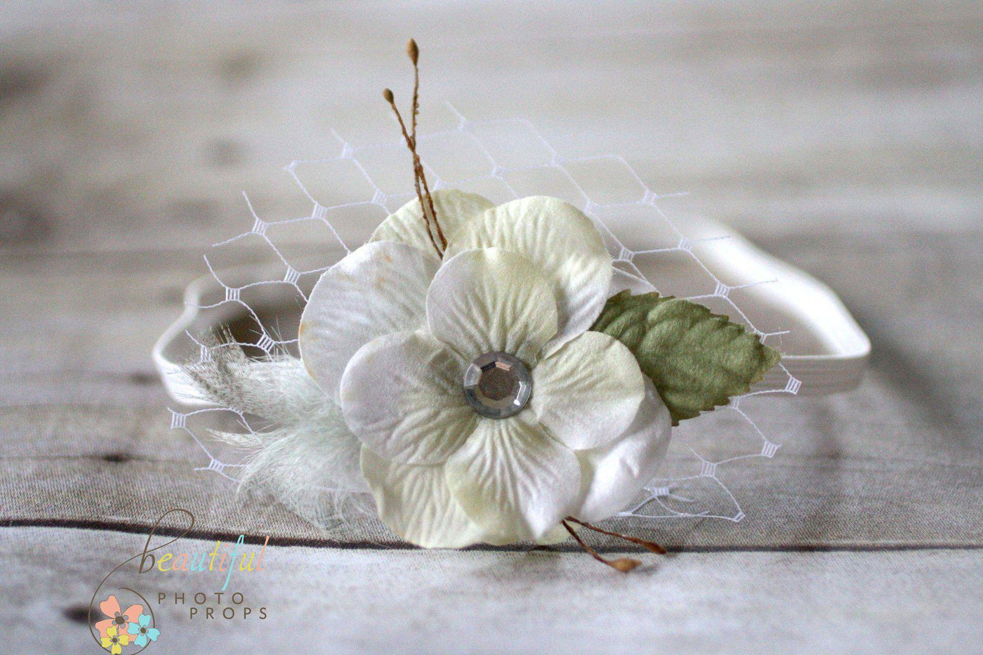 White Feather Veiled Flower Headband - Beautiful Photo Props