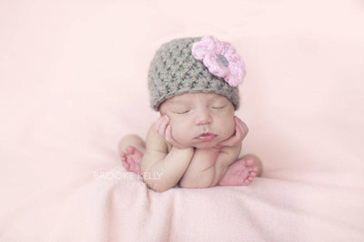 Grey Newborn Baby Hat Soft Pink Flower - Beautiful Photo Props