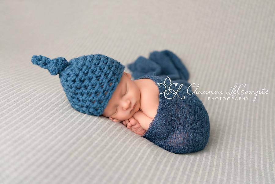 SET Denim Blue Newborn Knot Hat and Stretch Knit Wrap - Beautiful Photo Props