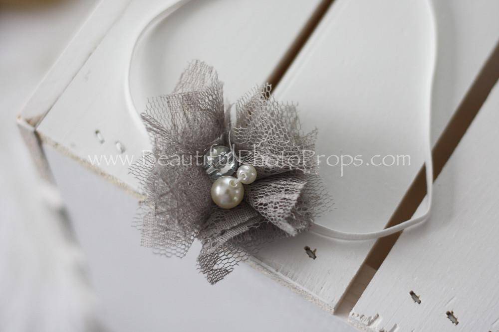Gray Lace Pearl Rhinestone Flower Headband - Beautiful Photo Props