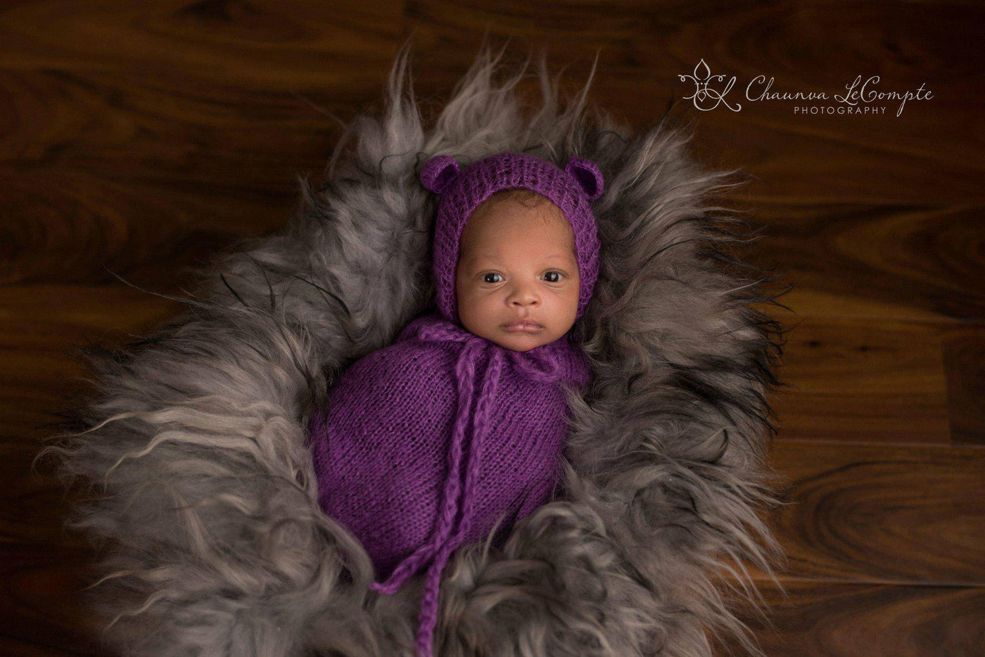 SET Purple Teddy Bear Hat and Knit Swaddle Cocoon Sack - Beautiful Photo Props