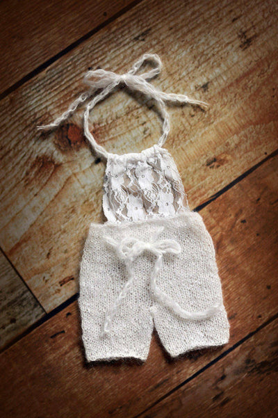 Cream Lace Front Mohair Knit Newborn Romper - Beautiful Photo Props