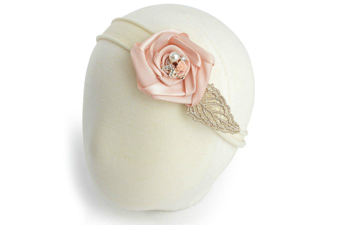 Peach and Cream Gold Leaf Newborn Flower Fabric Headband - Beautiful Photo Props