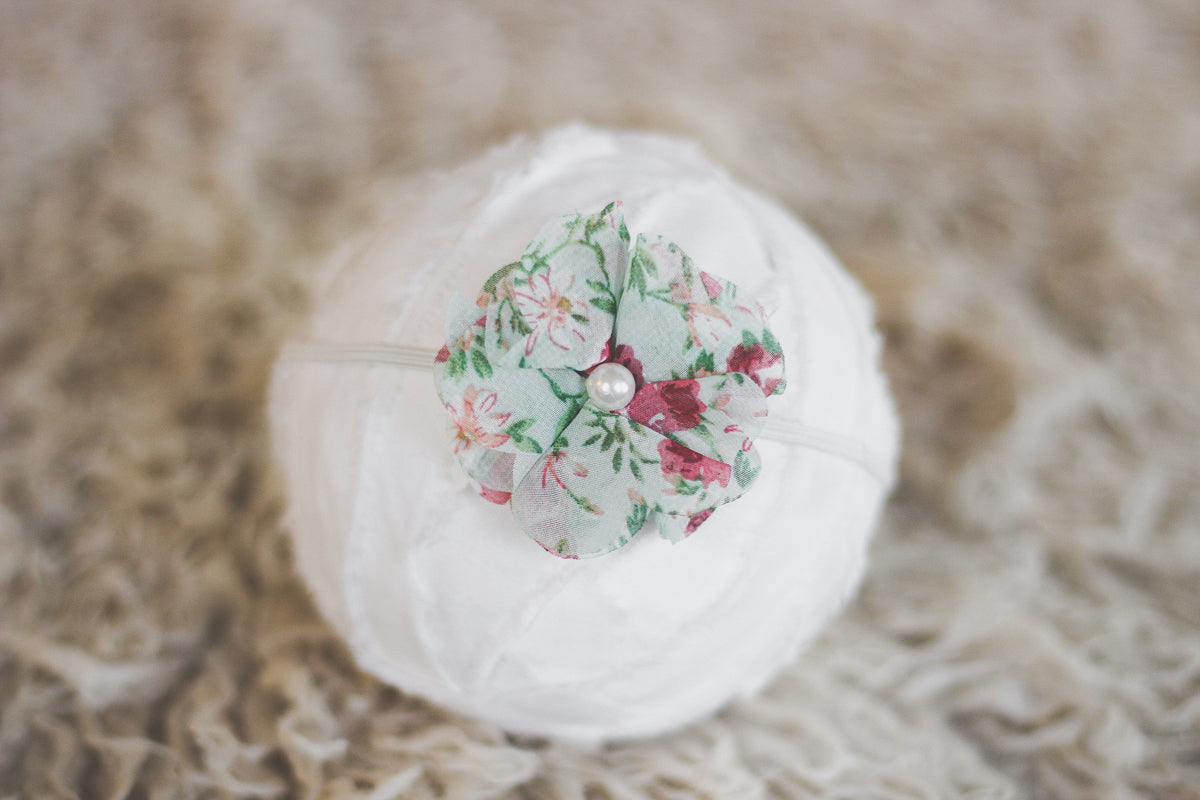 Mint and Pink Floral Chiffon Fabric Flower Headband - Beautiful Photo Props