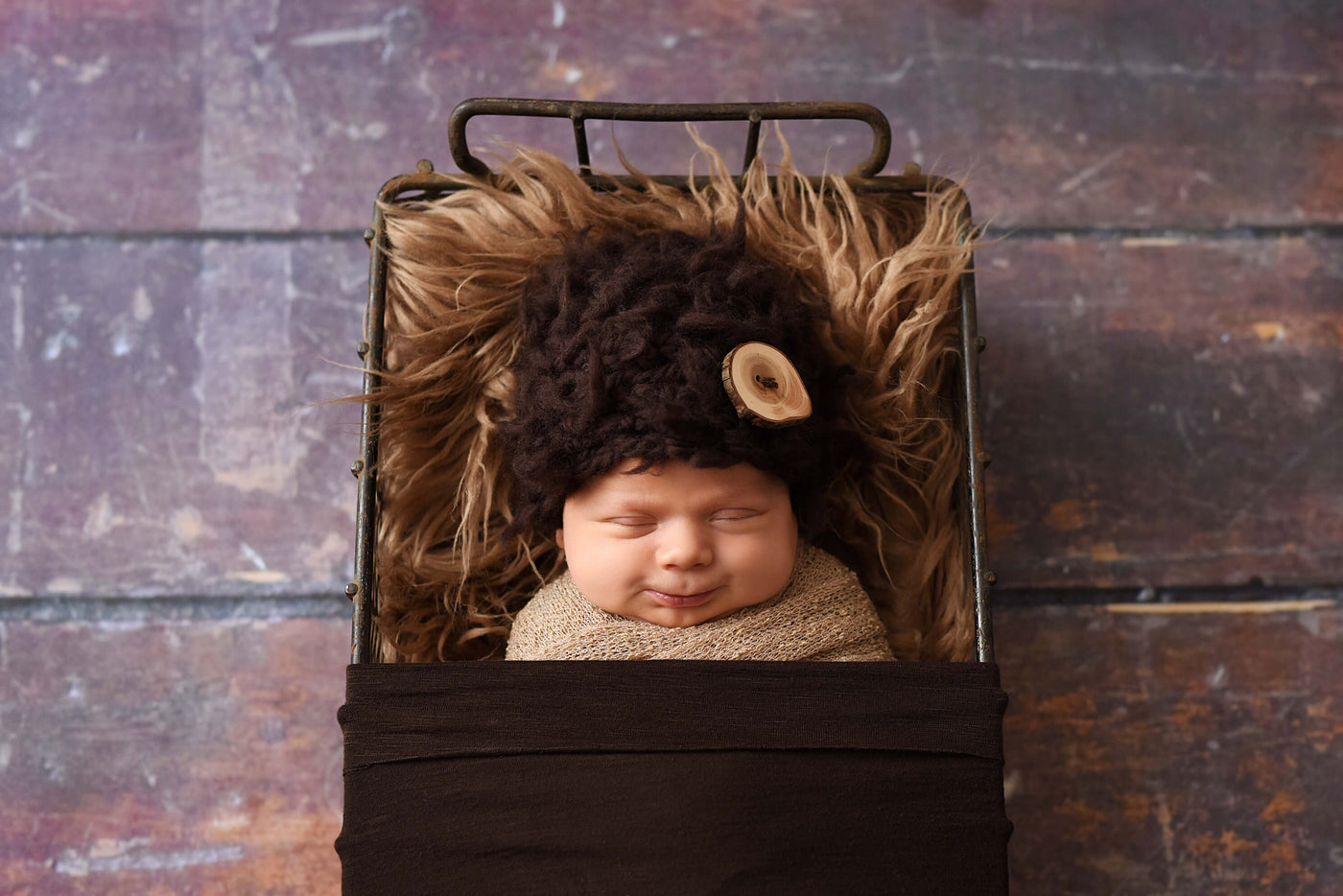 Brown Newborn Fluffy Button Hat - Beautiful Photo Props