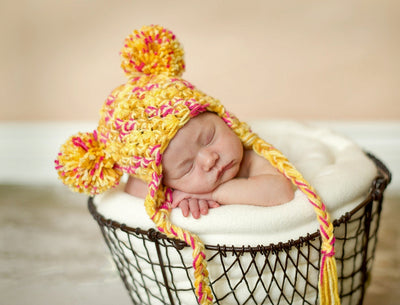 Pom Newborn Earflap Hat Yellow Pink - Beautiful Photo Props