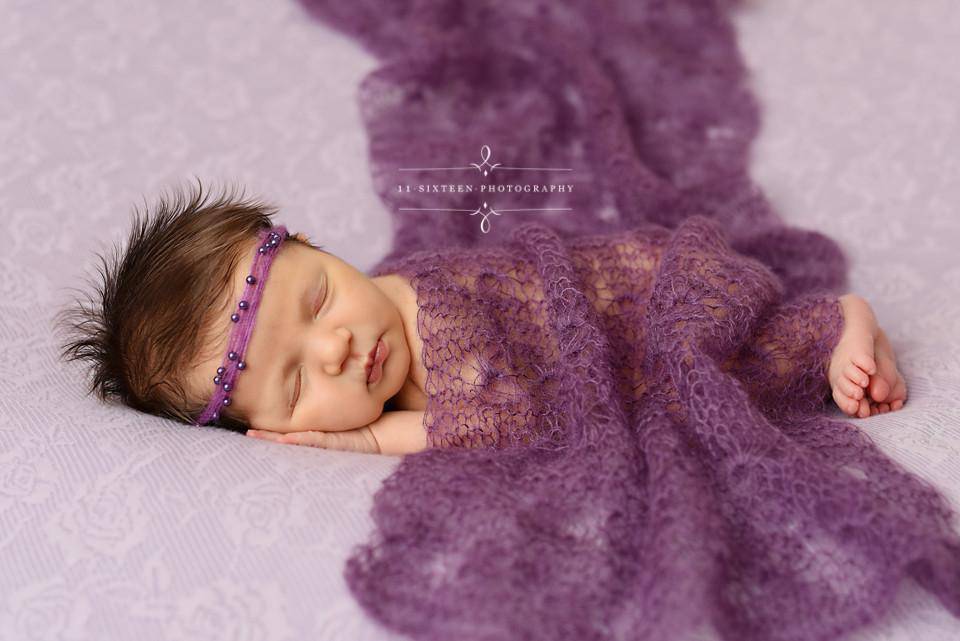 SET Purple Sunflower Mohair Knit Baby Wrap and Flower Headband - Beautiful Photo Props