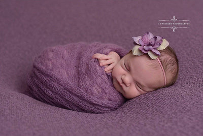 SET Purple Sunflower Mohair Knit Baby Wrap and Flower Headband - Beautiful Photo Props