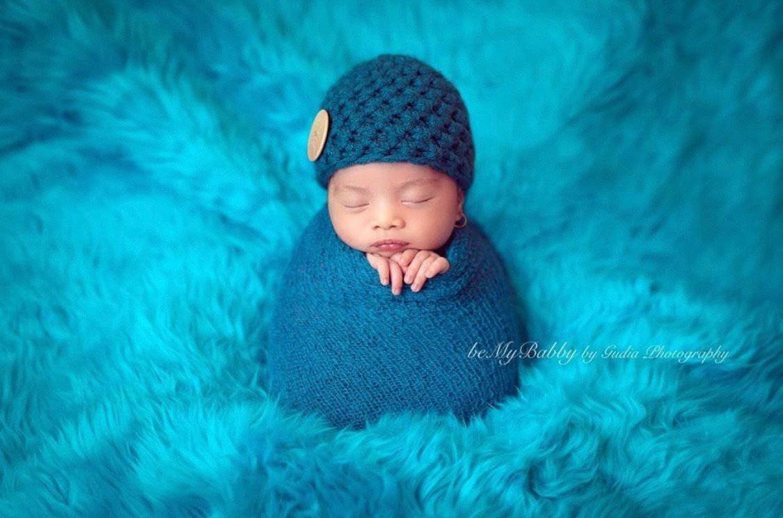 SET Aqua Blue Mongolian Faux Fur, Teal Button Hat, Medium Teal Stretch Knit Wrap - Beautiful Photo Props