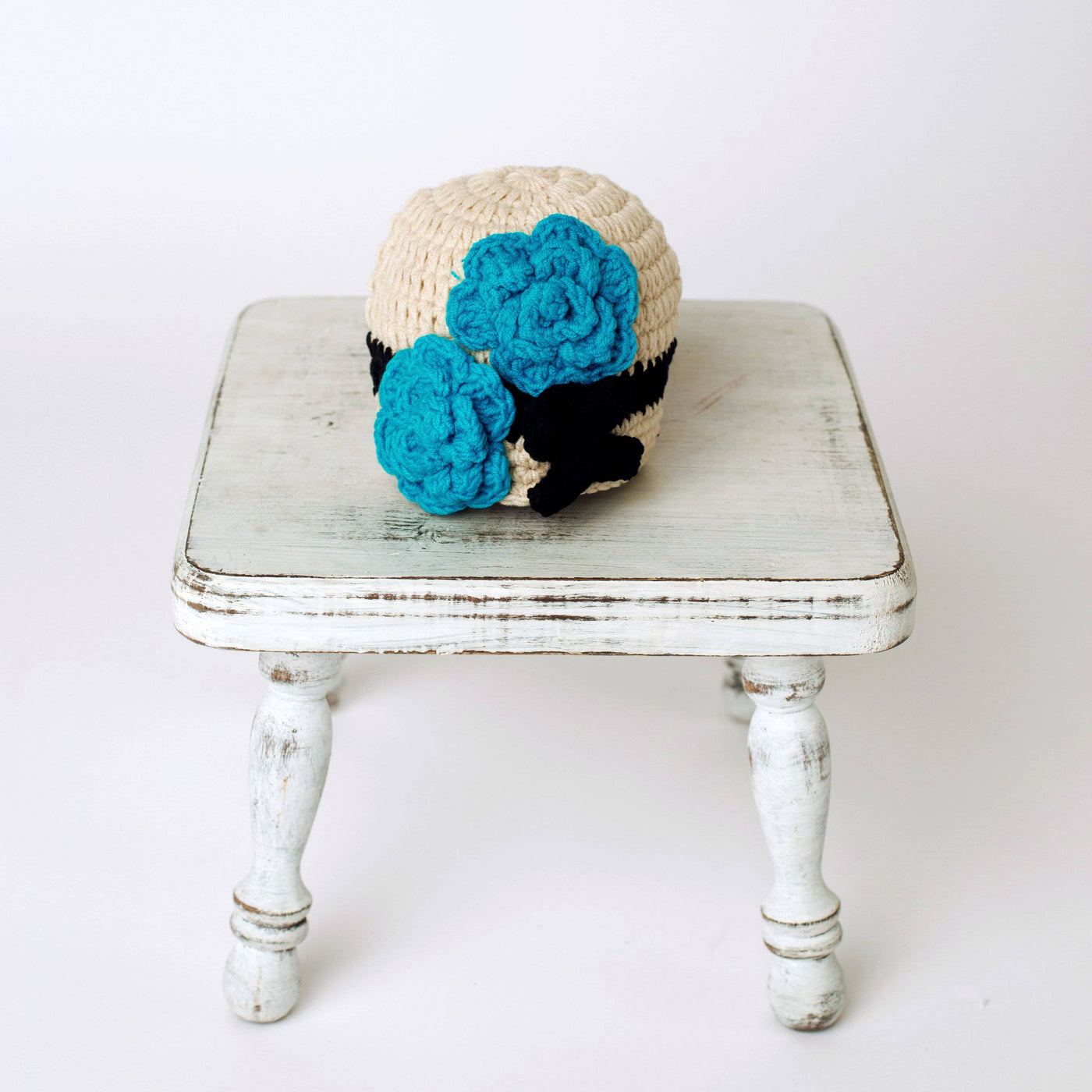 Tan and Aqua Blue Newborn Flower Baby Hat - Beautiful Photo Props