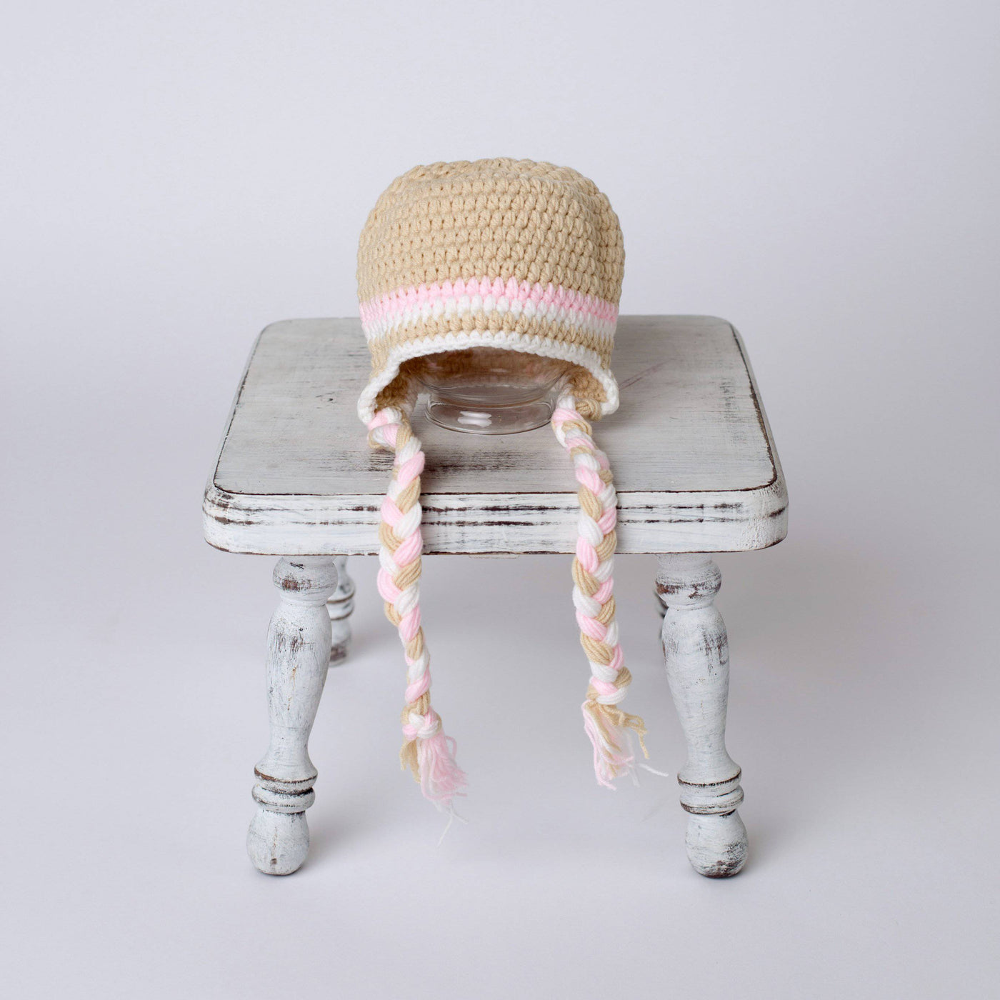 Winter Beige and Pink Newborn Tassels Hat - Beautiful Photo Props