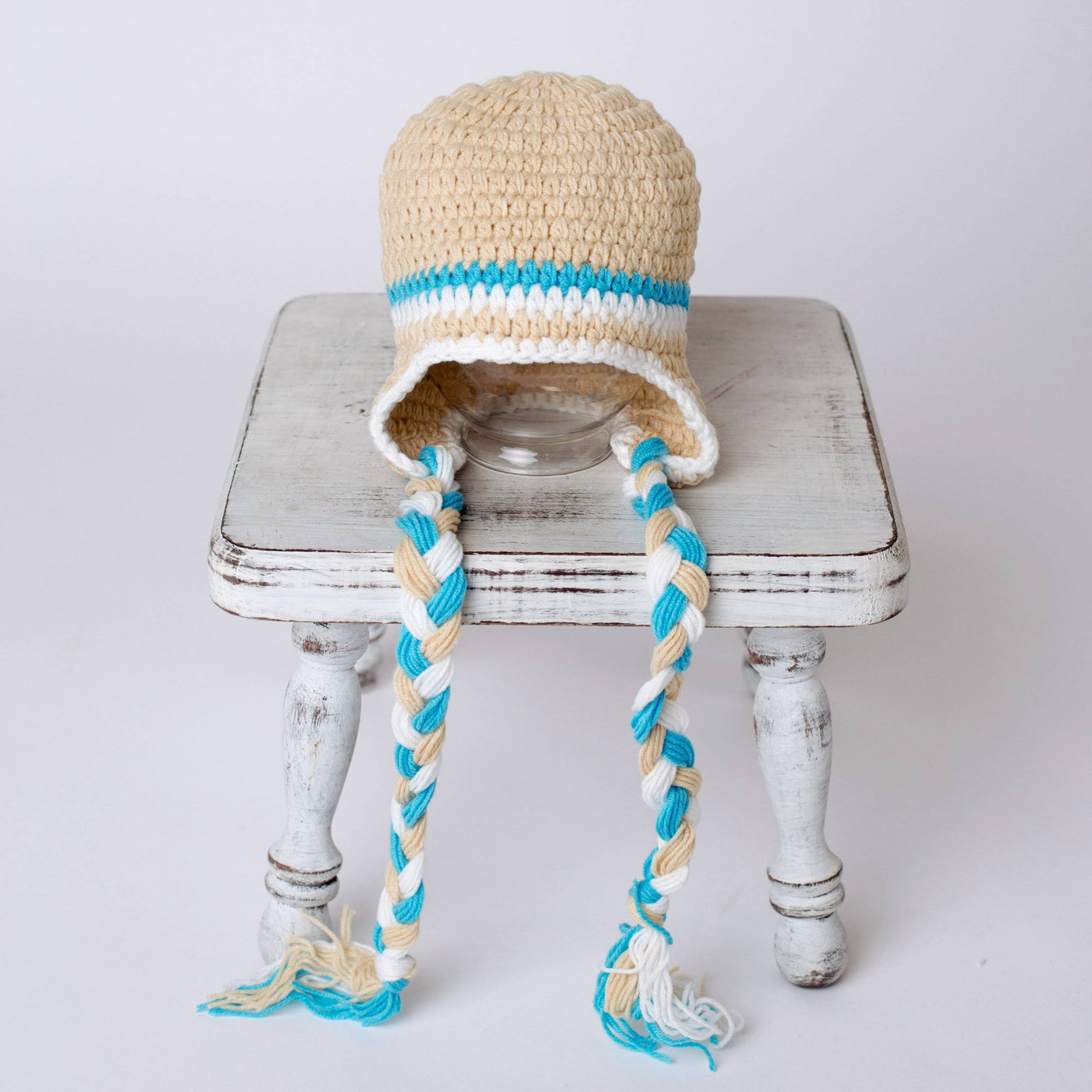Winter Beige and Aqua Blue Newborn Tassels Hat - Beautiful Photo Props