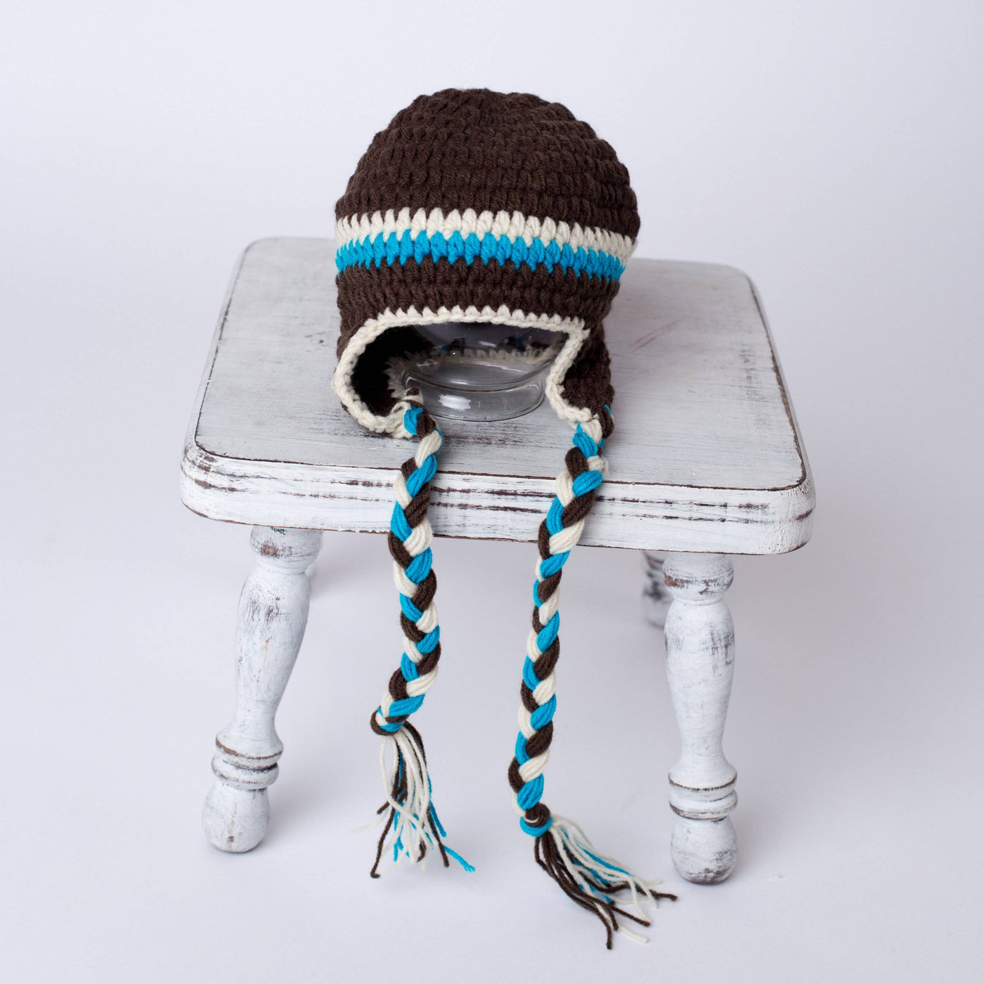 Winter Brown and Aqua Blue Newborn Tassels Hat - Beautiful Photo Props
