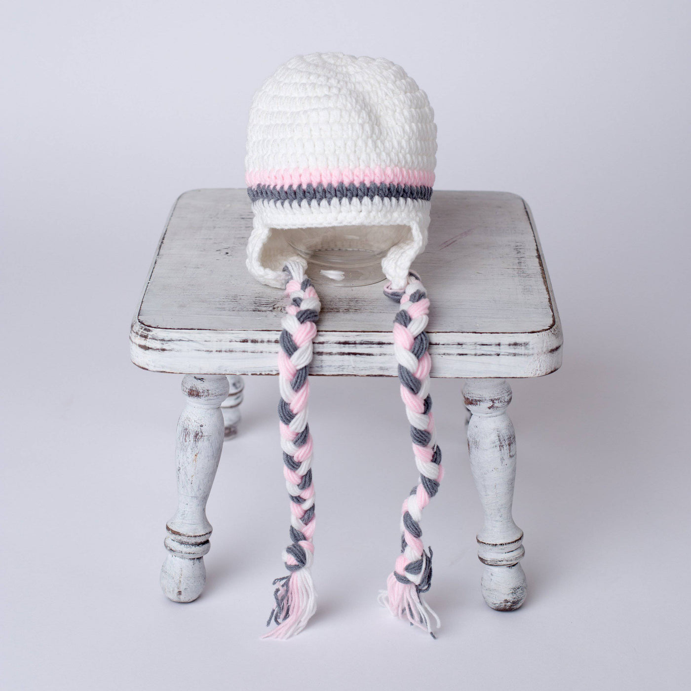 Winter White Pink Gray Newborn Tassels Hat - Beautiful Photo Props