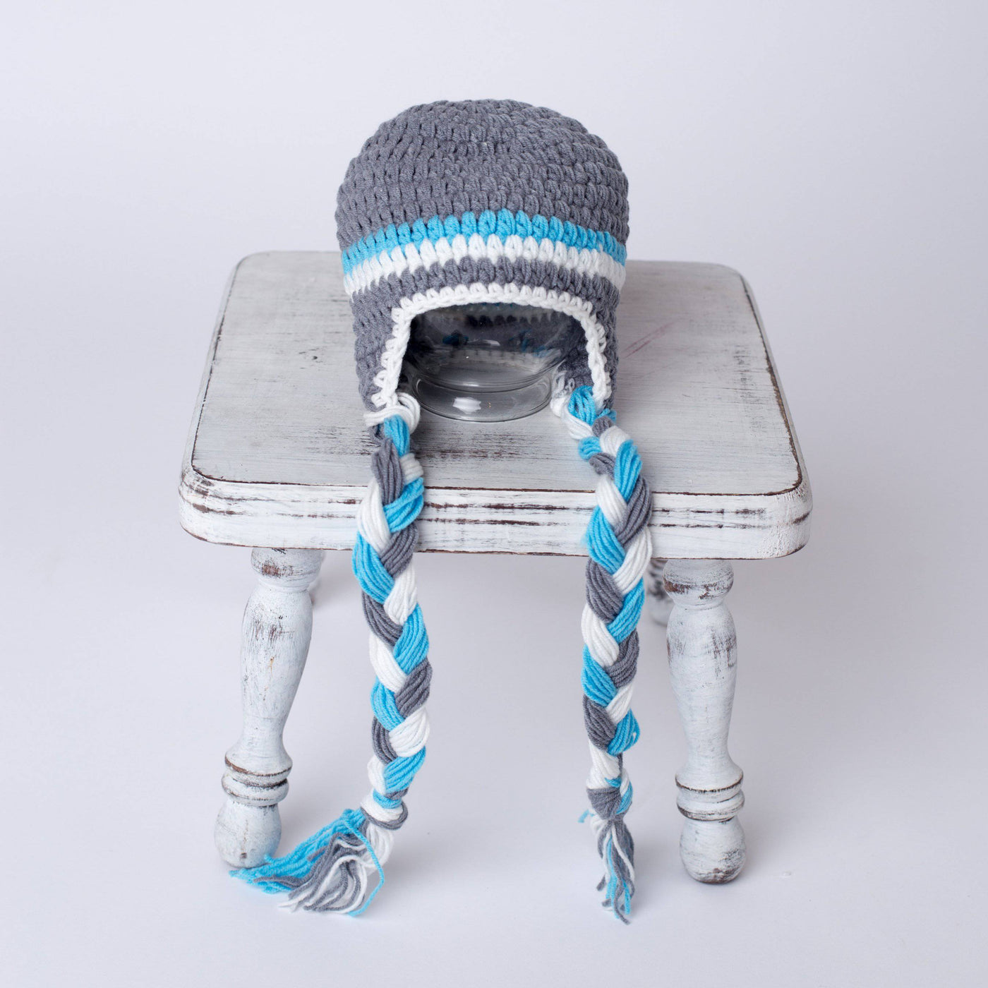 Winter Gray Aqua Blue White Newborn Tassels Hat - Beautiful Photo Props