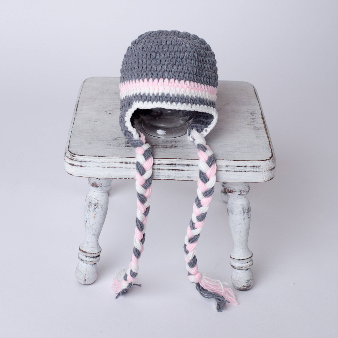 Winter Gray Pink White Newborn Tassels Hat - Beautiful Photo Props