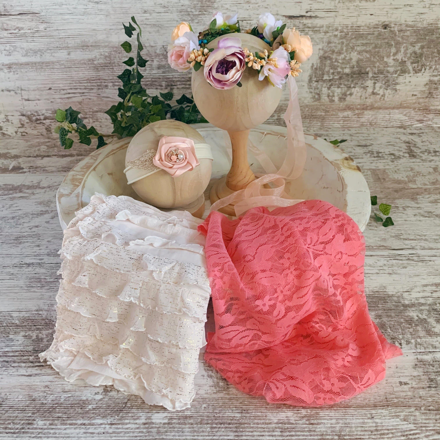 STUDIO SET Blush Gold Ruffle Baby Wrap, Floral Newborn to Toddler Halo Crown, Coral Stretch Lace Newborn Wrap, Blush Gold Leaf Flower Headband - Beautiful Photo Props
