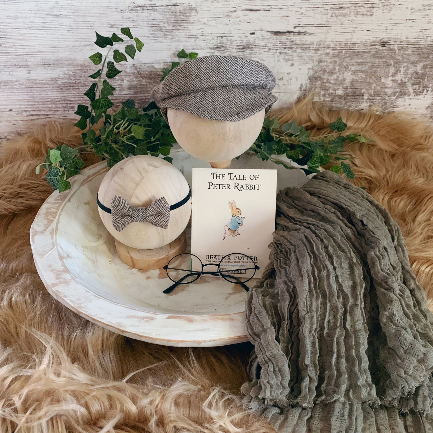 STUDIO SET Fur, Baby Wrap, Newsboy Hat, Bow Tie/Bow Headband, Miniature Beatrix Potter Book, Glasses - Beautiful Photo Props