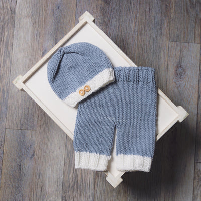 Gray Denim and White Knit Newborn Button Hat and Pants Set - Beautiful Photo Props