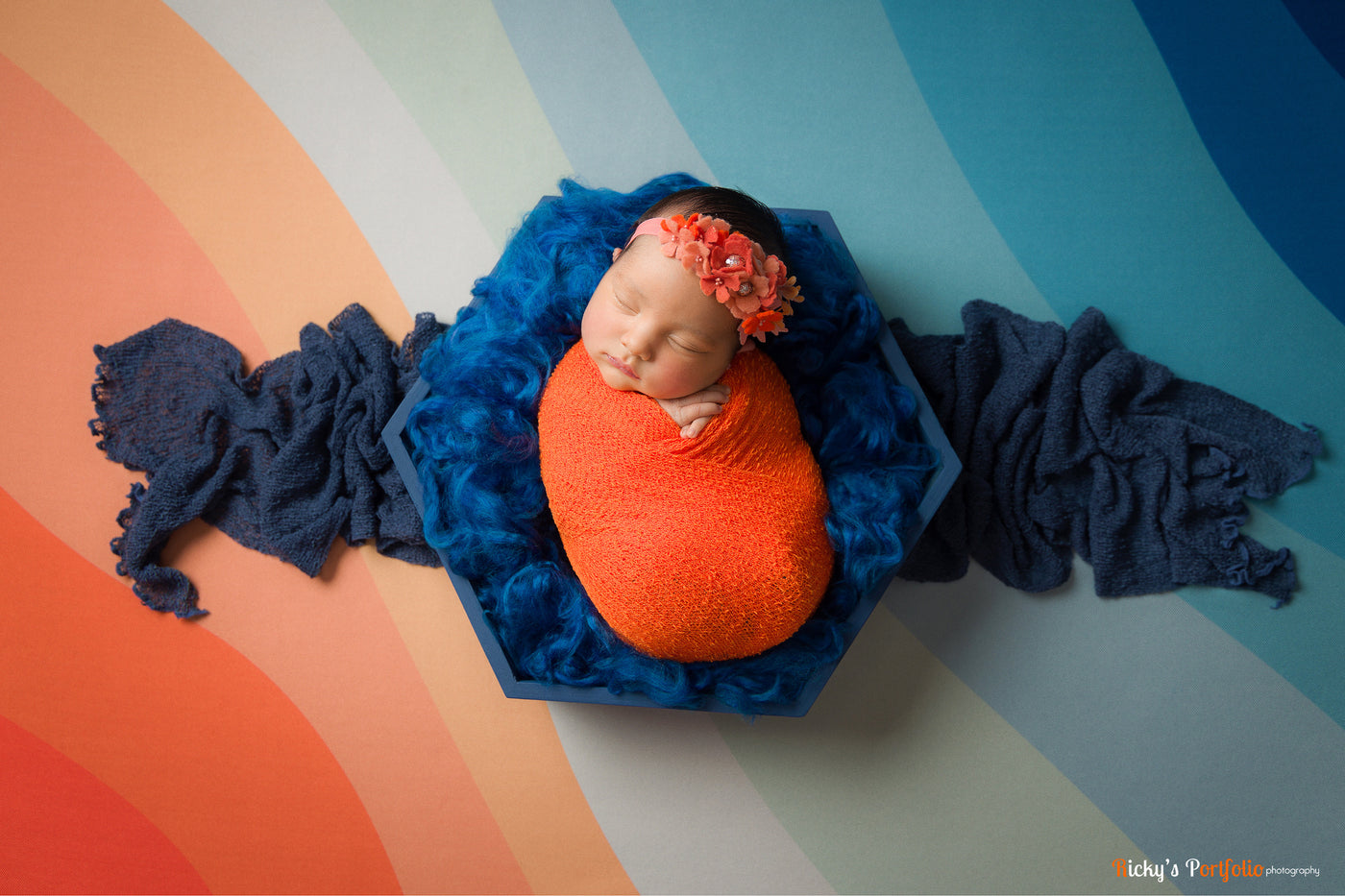 SET Orange Stretch Knit Baby Wrap, Royal Blue Fluff, Dark Blue Jean Layer - Beautiful Photo Props