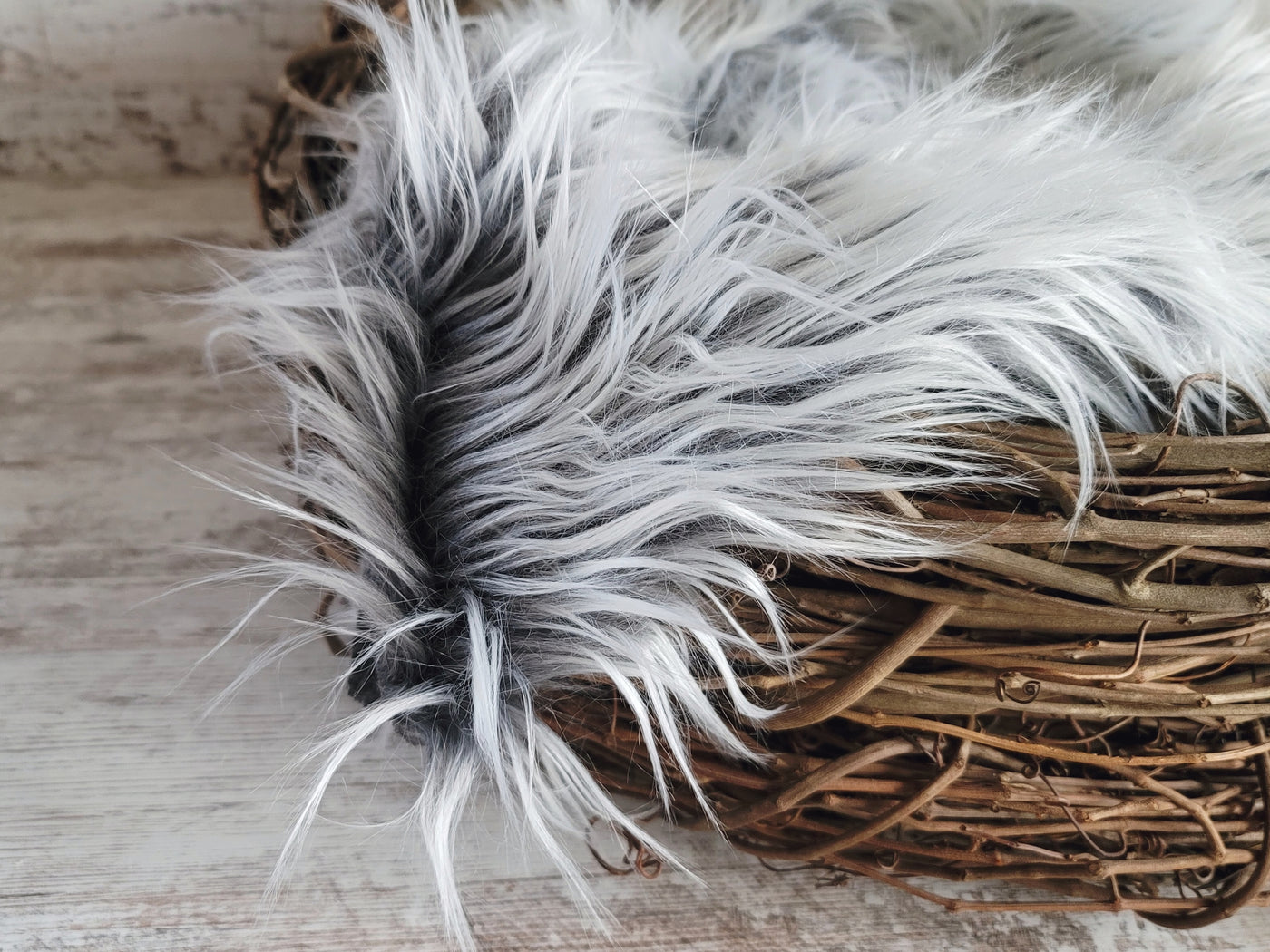 SET Wood Nest, Frosted Gray Fur, Baby Wraps, Baby Hat - Beautiful Photo Props