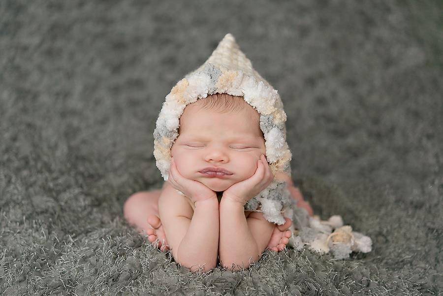 Cream Gray White Bonnet Hat Newborn Pom Pom Hat - Beautiful Photo Props