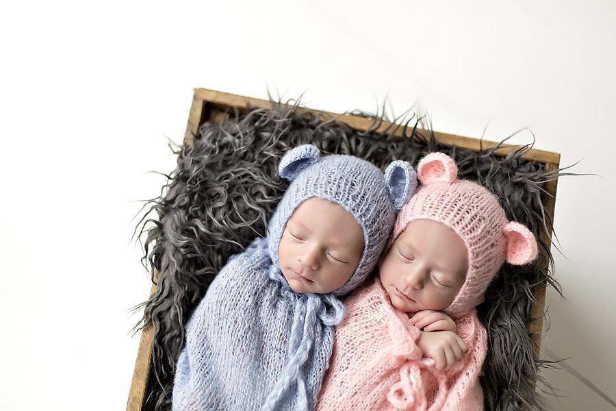 SET Pink Blue Teddy Bear Hats and Knit Swaddle Cocoon Sacks - Beautiful Photo Props