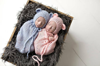 SET Pink Blue Teddy Bear Hats and Knit Swaddle Cocoon Sacks - Beautiful Photo Props