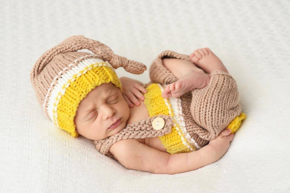 Beige Yellow White Newborn Knit Knot Hat and Overall Pants Set - Beautiful Photo Props