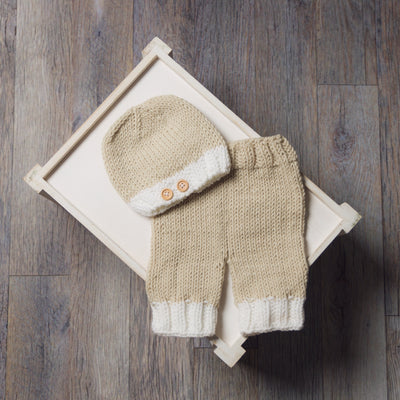 Beige and Cream Knit Newborn Button Hat and Pants Set - Beautiful Photo Props