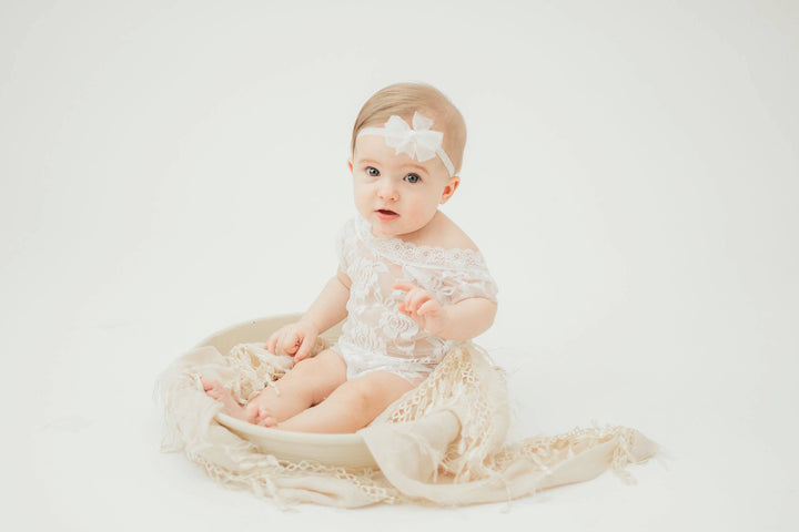 newborn white lace dress White Lace V-Back Newborn Romper with Ties – Beautiful Photo Props