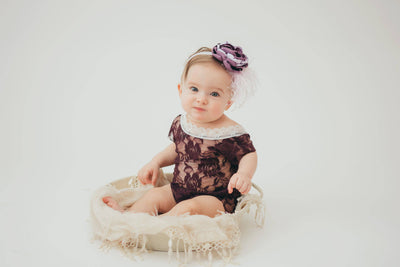 Eggplant Purple Lace V-Back Newborn Romper with Ties - Beautiful Photo Props