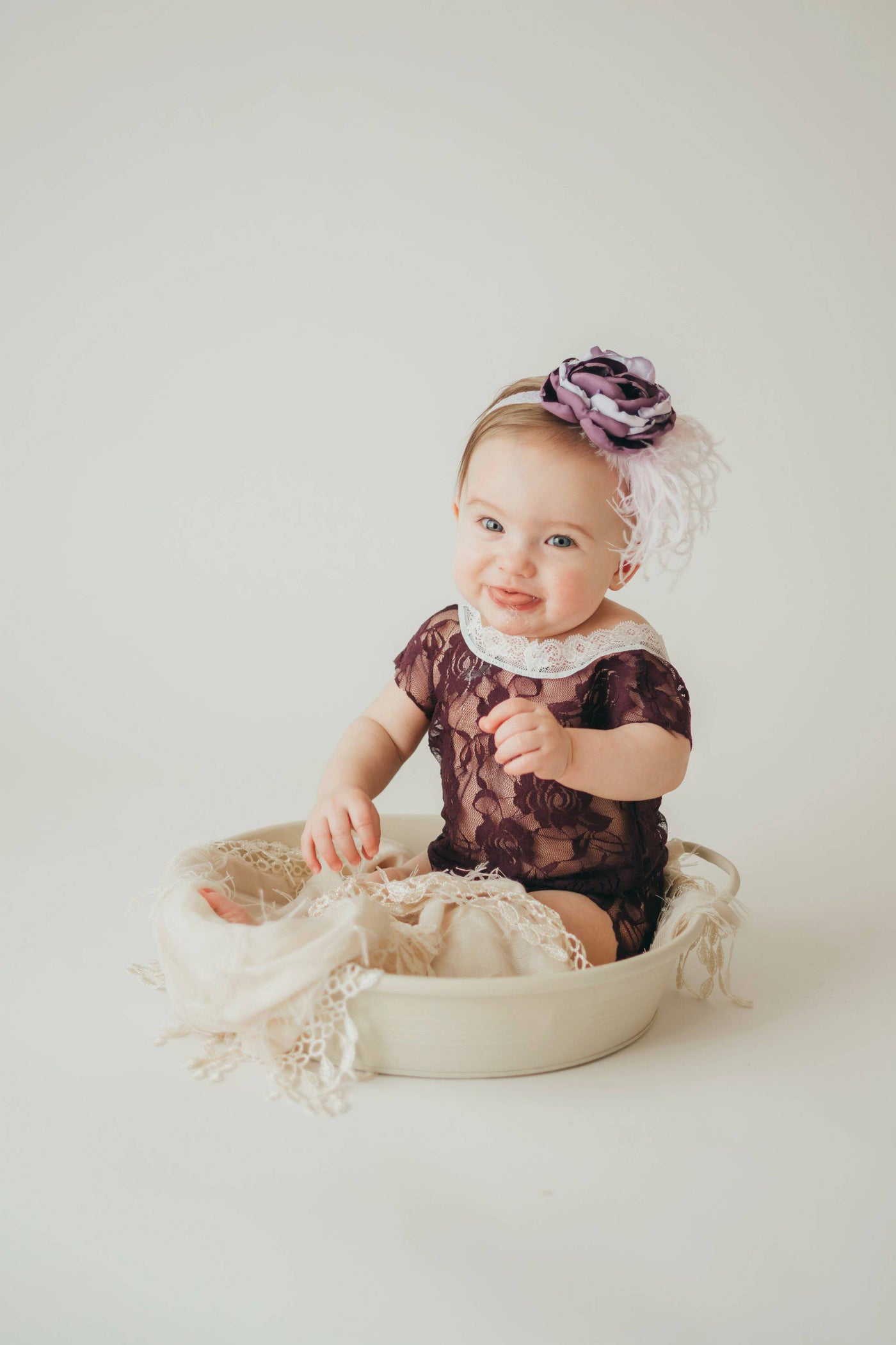 Eggplant Purple Lace V-Back Newborn Romper with Ties - Beautiful Photo Props