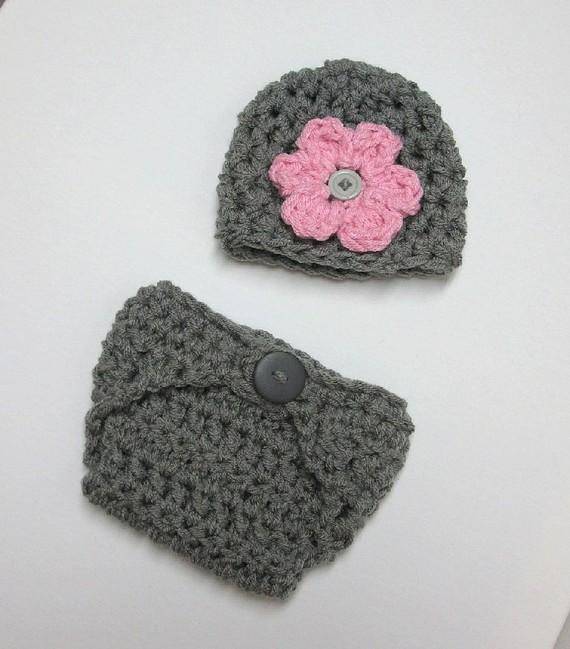 Newborn Gray Pink Diaper Cover And Hat Set - Beautiful Photo Props