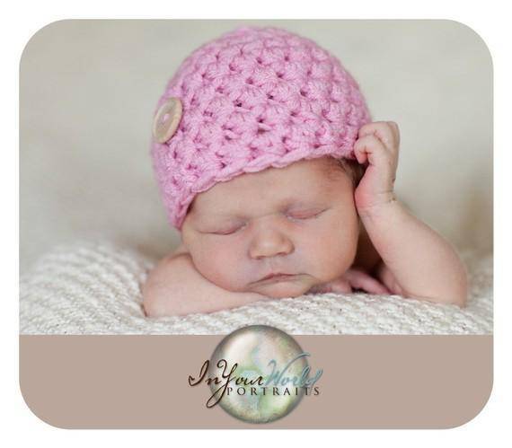 Girly Pink Newborn Button Beanie Hat - Beautiful Photo Props