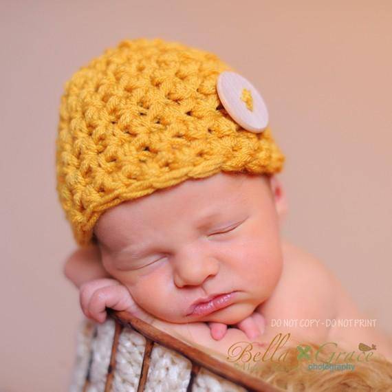 Yellow Newborn Button Baby Hat - Beautiful Photo Props