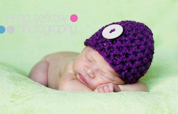 Purple Newborn Button Baby Hat - Beautiful Photo Props
