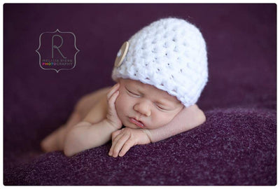 White Newborn Button Baby Hat - Beautiful Photo Props