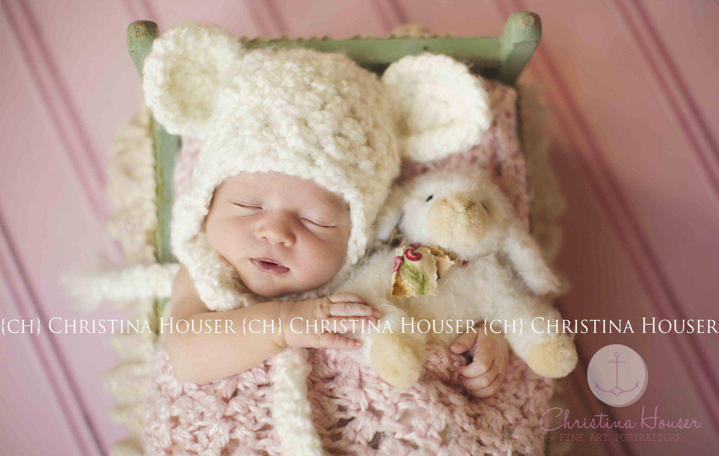 Newborn Cream Earflap Teddy Bear Hat - Beautiful Photo Props