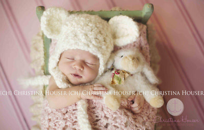 Newborn Cream Earflap Teddy Bear Hat - Beautiful Photo Props