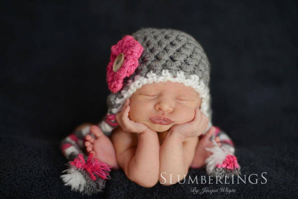 Pink Gray White Earflap Flower Beanie Hat - Beautiful Photo Props