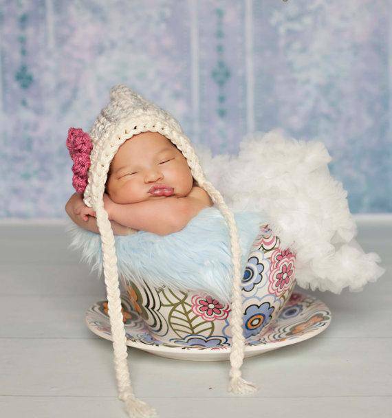 Newborn Pixie Bonnet Hat Gray White Pink - Beautiful Photo Props