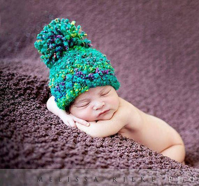 Rainbow Pom Hat in Teal Purple Yellow Green - Beautiful Photo Props
