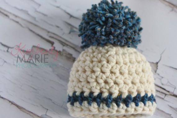 Cream Newborn Denim Pom Hat - Beautiful Photo Props