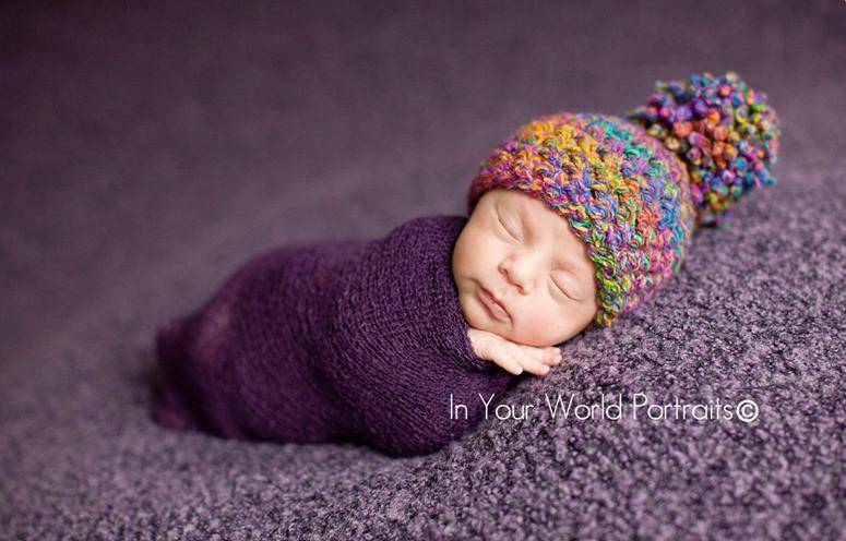 SET Curly Pom Hat and Purple Stretch Knit Wrap - Beautiful Photo Props
