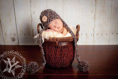 Newborn Button Pom Hat Blue Brown - Beautiful Photo Props